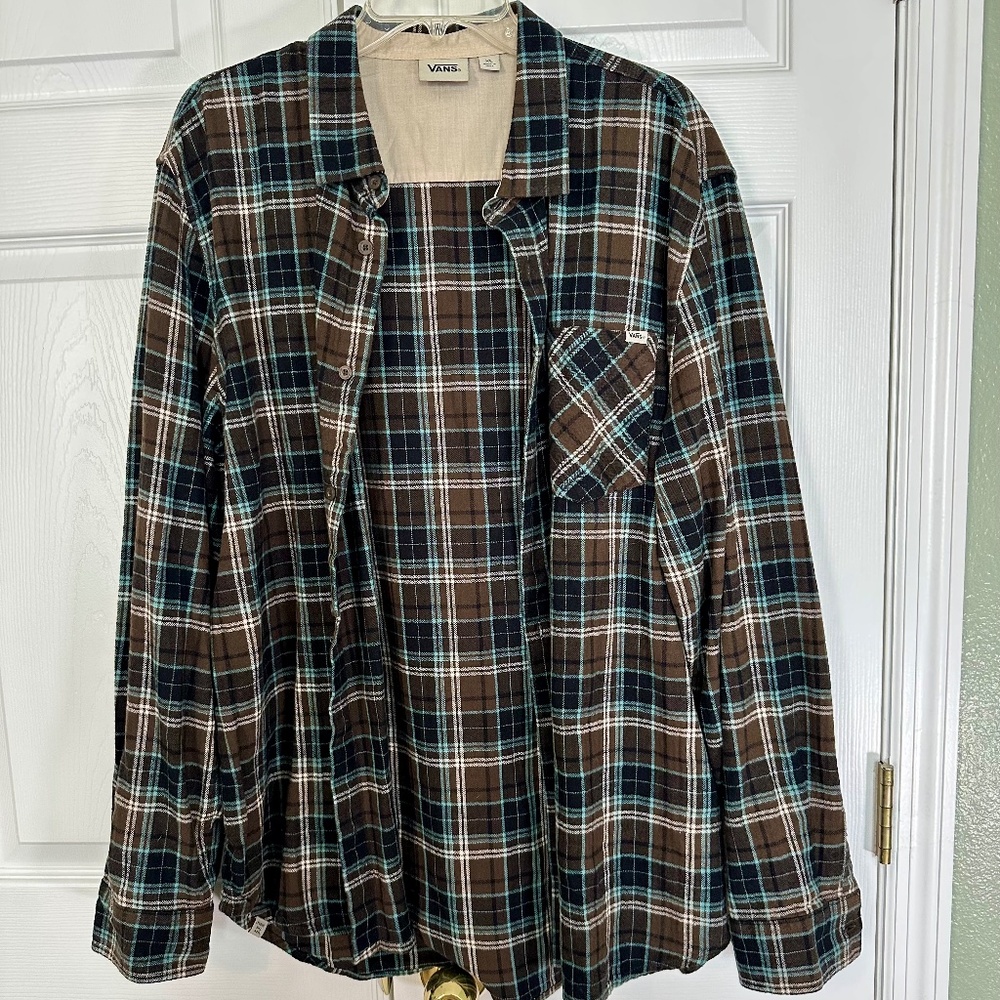 Vans Mens Plaid Flannel XL Brown/Beige/Light Blue